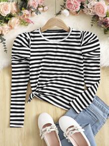 SHEIN Tops con gái Sọc Giải trí - Đen và trắng - Xem 3