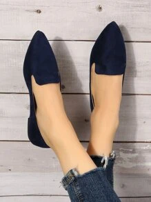 女士彩色图案尖头平底鞋，秋季新款休闲一脚蹬船鞋，软底户外日常乐福鞋，时尚帆布工作/驾车鞋 - 藏蓝色 - 查看 3