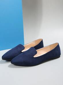 女士彩色图案尖头平底鞋，秋季新款休闲一脚蹬船鞋，软底户外日常乐福鞋，时尚帆布工作/驾车鞋 - 藏蓝色 - 查看 5