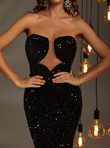 Đầm Tương phản Mesh Dây kéo màu trơn Buổi tiệc - màu đen - Xem 6