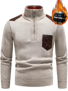 Manfinity Mode Men Contrast Panel Pocket Patched Quarter Zip Jumper - Apricot - View 1