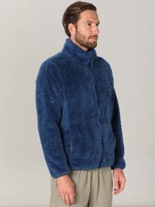 男士貼布細節拉鏈開襟泰迪夾克 - 藍色 - 查看 3