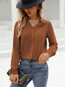 SHEIN LUNE Camisa de manga larga con insertos de encaje Guipur y abotonadura - Marrón - Ver 3