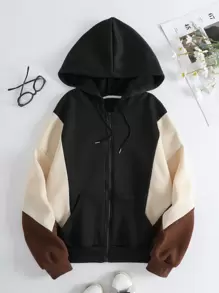 SHEIN EZwear Colour Block Drawstring Thermal Lined Zip Up Hoodie - Multicolor - View 1