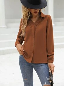 SHEIN LUNE Camisa de manga larga con insertos de encaje Guipur y abotonadura - Marrón - Ver 4