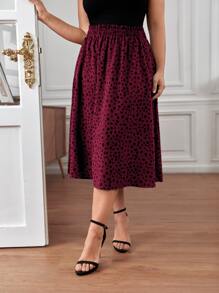 SHEIN Frenchy 斑点狗印花纸袋腰裙 - 酒紅色 - 查看 4