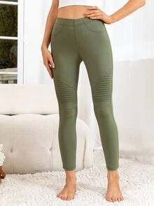 DEARCASE Solid High Waist Skinny Leggings - Army Green - View 4
