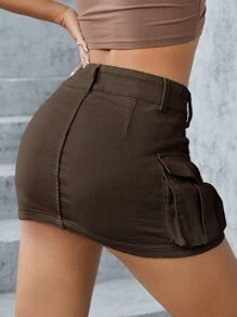 SHEIN X Lucía Bellido SHEIN ICON Flap Pocket Denim Skirt