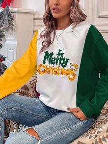 SHEIN LUNE Christmas Print Colourblock Drop Shoulder Sweatshirt - Multicolor - View 3