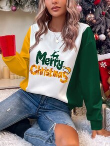 SHEIN LUNE Christmas Print Colourblock Drop Shoulder Sweatshirt - Multicolor - View 4