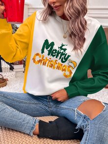 SHEIN LUNE Christmas Print Colourblock Drop Shoulder Sweatshirt - Multicolor - View 5