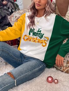 SHEIN LUNE Christmas Print Colourblock Drop Shoulder Sweatshirt - Multicolor - View 6