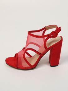 Mesh Panel Chunky Heeled Slingback Sandals - Red - View 3