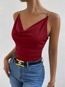 Allurite 鏈條細節前垂褶吊帶上衣 - 酒紅色 - 查看 1