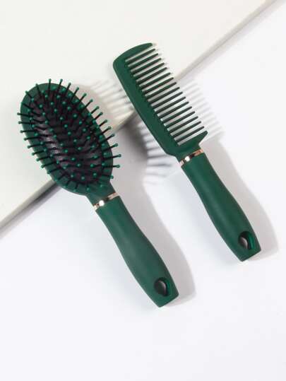 Green Dry & Wet Use Styling Comb Set/Kit Cushion Hair Brush 2pcs Kit Plastic Cute Glitter Oval Handheld Easy Storage Detangling Comb At Home Or On-The-Go Gift, Hair Brush/ Hair Comb