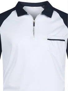 Hombres Camisa polo en contraste de manga raglán con cremallera media - Blanco - Ver 3