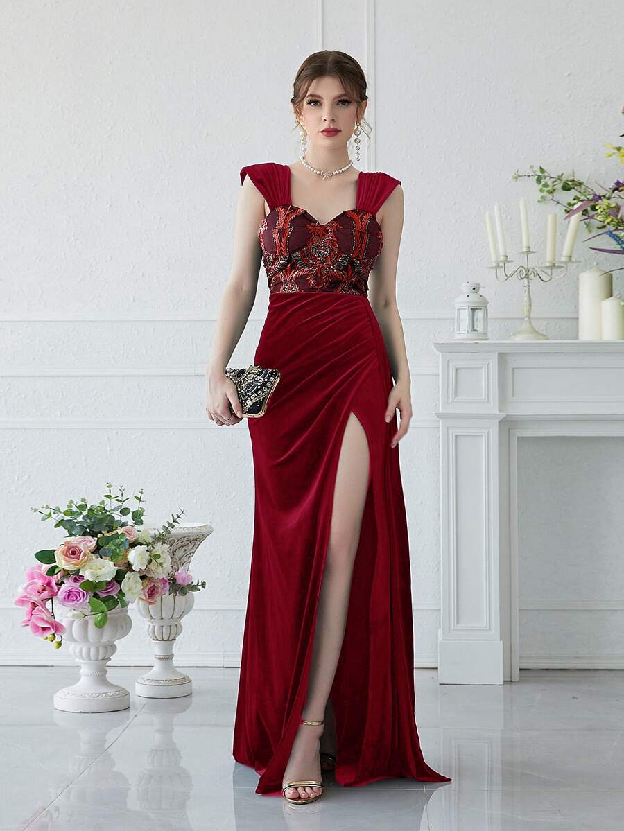 YISIKADO 亮片緊身上衣褶邊高衩絲絨正式連衣裙 - 酒紅色 - 查看 1