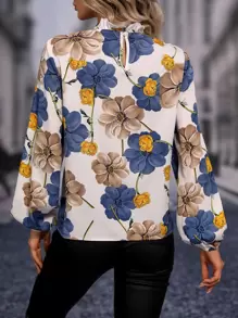 SHEIN Clasi Áo cổ bẻ in hoa, áo dài tay - trắng - Xem 2