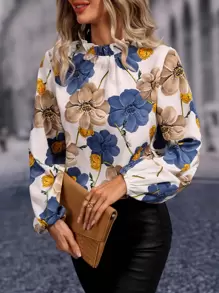 SHEIN Clasi Áo cổ bẻ in hoa, áo dài tay - trắng - Xem 3