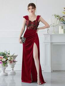 YISIKADO 亮片緊身上衣褶邊高衩絲絨正式連衣裙 - 酒紅色 - 查看 4