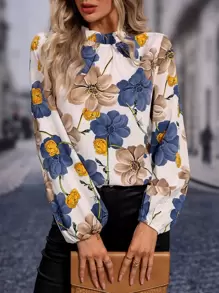 SHEIN Clasi Áo cổ bẻ in hoa, áo dài tay - trắng - Xem 5