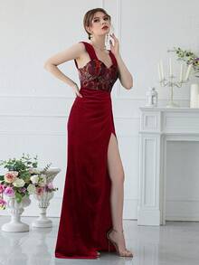 YISIKADO 亮片緊身上衣褶邊高衩絲絨正式連衣裙 - 酒紅色 - 查看 6