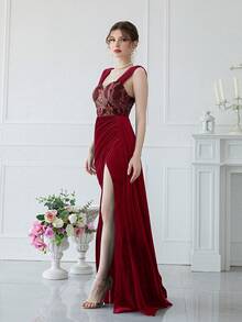 YISIKADO 亮片緊身上衣褶邊高衩絲絨正式連衣裙 - 酒紅色 - 查看 8