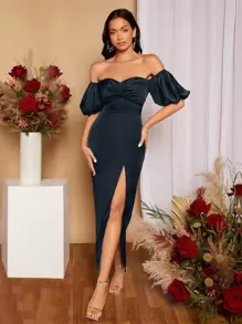 SHEIN Belle Off Shoulder Twist Front Split Thigh Satin Bridesmaid Dress