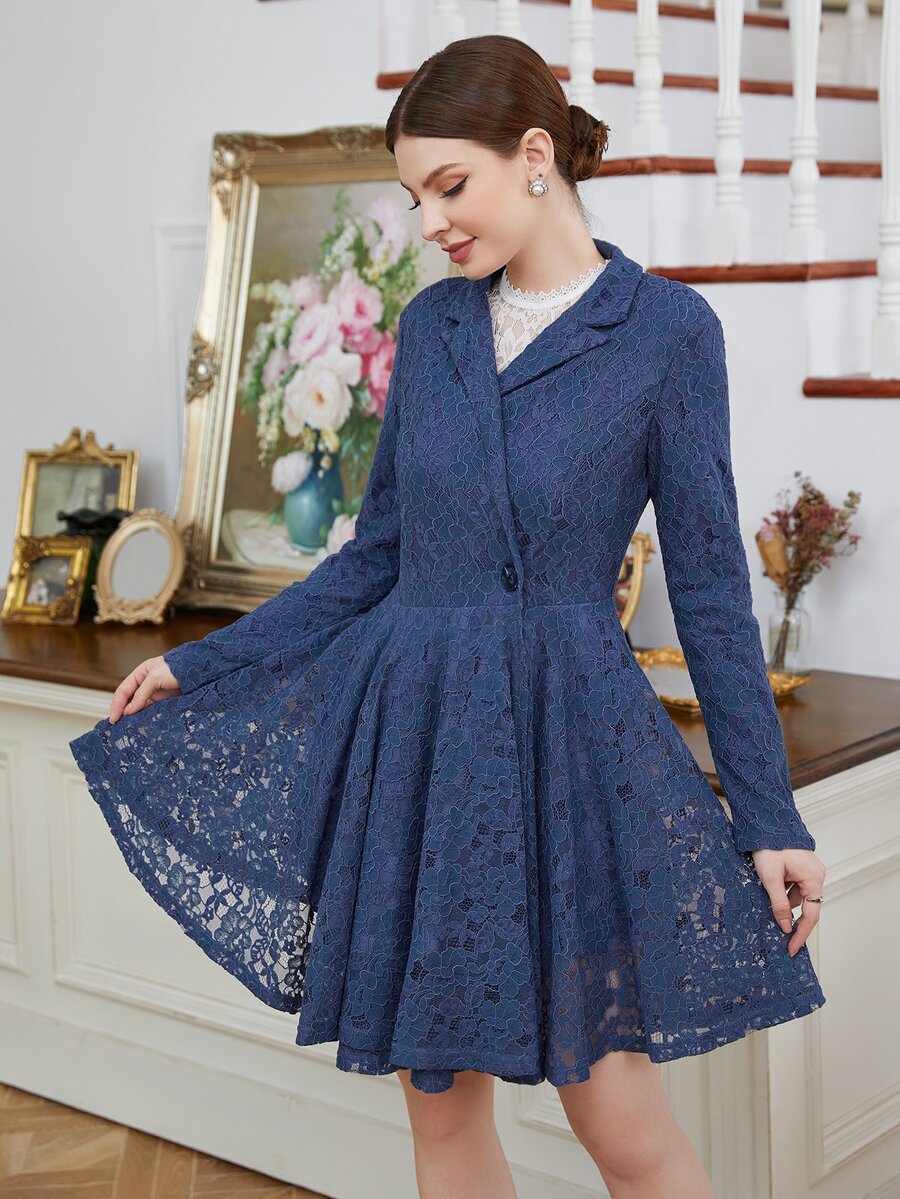 Lapel Neck Lace Panel Coat - Blue - View 1