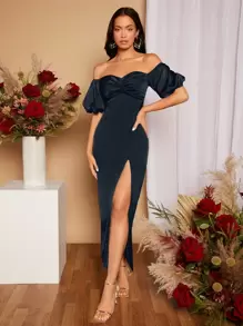 SHEIN Belle Off Shoulder Twist Front Split Thigh Satin Bridesmaid Dress