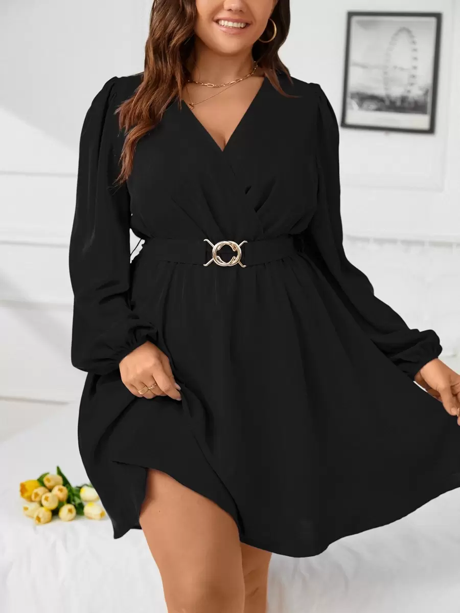 SHEIN Clasi Plus Surplice Neck Lantern Sleeve Belted Dress - Black - View 1