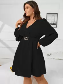 SHEIN Clasi Plus Surplice Neck Lantern Sleeve Belted Dress - Black - View 3