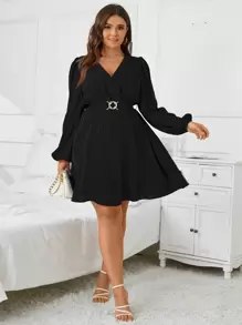 SHEIN Clasi Plus Surplice Neck Lantern Sleeve Belted Dress - Black - View 4
