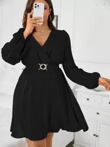 SHEIN Clasi Plus Surplice Neck Lantern Sleeve Belted Dress - Black - View 5