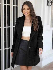 Lapel Collar Button Front Teddy Coat - Black - View 6