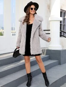 Abrigo de cuello con solapa con parte delantera abierta de peluche - Gris - Ver 4