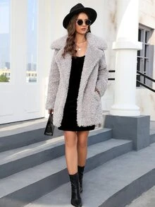 Abrigo de cuello con solapa con parte delantera abierta de peluche - Gris - Ver 5