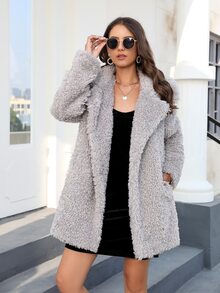 Abrigo de cuello con solapa con parte delantera abierta de peluche - Gris - Ver 8