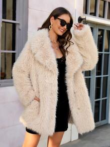 RELISH NOLESS Lapel Neck Slant Pockets Fuzzy Coat - Apricot - View 1