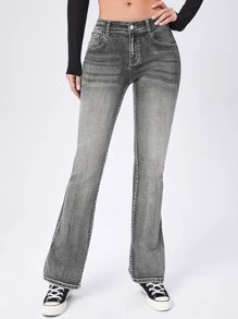 SHEIN EZwear Quần jean ống loe hiệu ứng ria mép - Xám - Xem 3