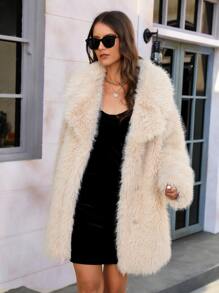 RELISH NOLESS Lapel Neck Slant Pockets Fuzzy Coat - Apricot - View 4