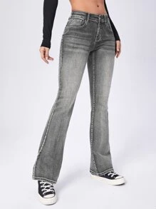 SHEIN EZwear Quần jean ống loe hiệu ứng ria mép - Xám - Xem 4