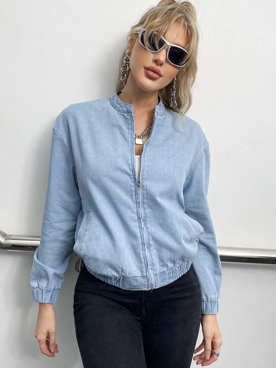 Jeansjacke mit Reißverschluss, Tasche - Helle Waschung - Übersicht 1