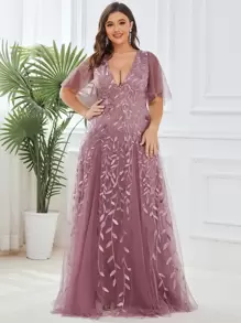 EVERPRETTY Plus Size Elegant Flounce Sleeve Sequin Formal Dress Prom Wedding Guest Gown, For Graduation, Dinner Party Dress Evening Dress - Dusty Pink - View 1