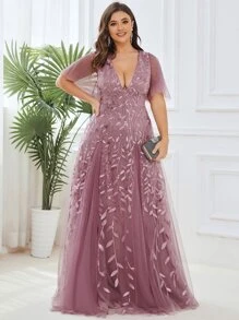 EVERPRETTY Plus Size Elegant Flounce Sleeve Sequin Formal Dress Prom Wedding Guest Gown, For Graduation, Dinner Party Dress Evening Dress - Dusty Pink - View 5