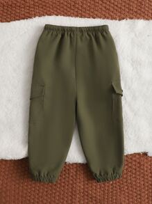 SHEIN 男嬰字母補丁細節翻蓋口袋腰部抽繩長褲 - 軍綠色 - 查看 2
