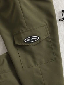 SHEIN 男嬰字母補丁細節翻蓋口袋腰部抽繩長褲 - 軍綠色 - 查看 5