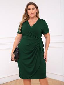 Plus Knot Side Wrap Dress - Dark Green - View 3