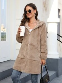 Zip Up Hooded Fuzzy Coat - Camel - View 1