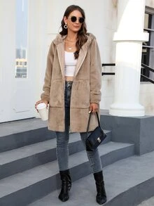 Zip Up Hooded Fuzzy Coat - Camel - View 4